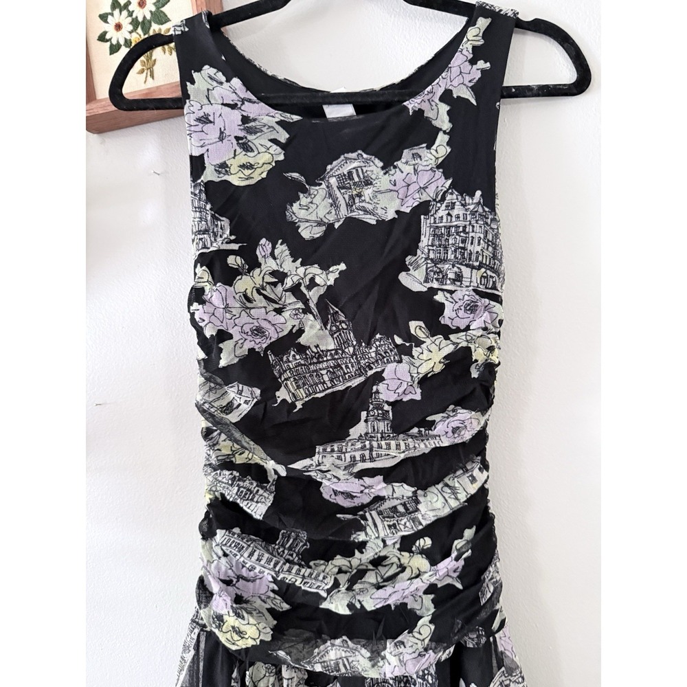 Floral Cityscape Y2K Mesh Fairy Goth Fit & Flare Dress Ruched Sz 8 Nine West - Picture 2 of 8